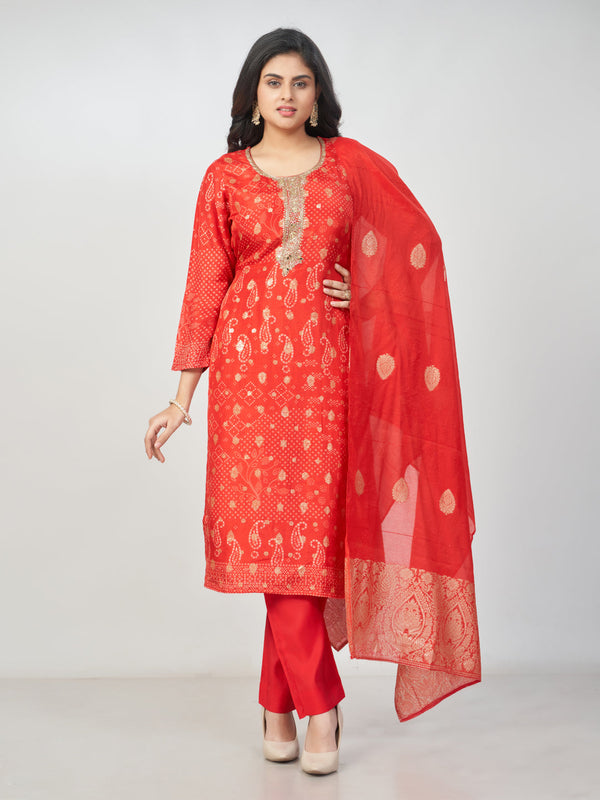 Amchoor Red Russian jacquard Bandhani Kurti Set for Womens