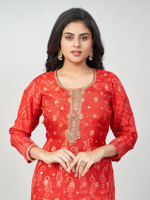 Amchoor Red Russian jacquard Bandhani Kurti Set for Womens