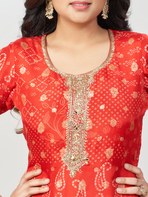 Amchoor Red Russian jacquard Bandhani Kurti Set for Womens