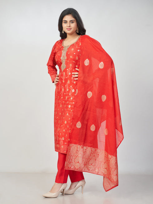 Amchoor Red Russian jacquard Bandhani Kurti Set for Womens