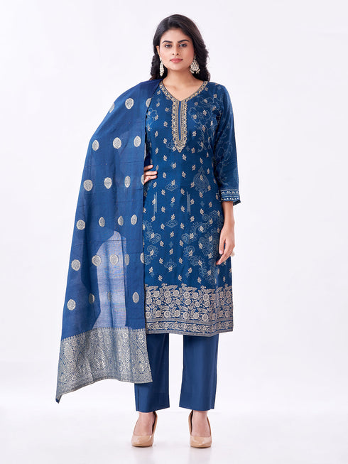 Amchoor Teal Russian jacquard Gold Print Kurti Set for Womens