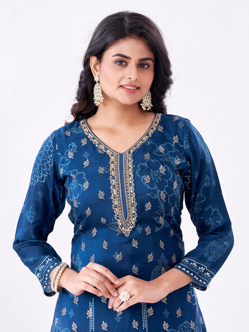 Amchoor Teal Russian jacquard Gold Print Kurti Set for Womens