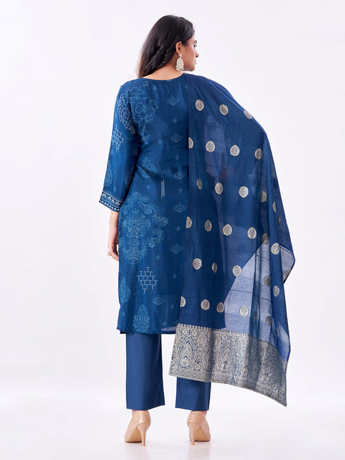 Amchoor Teal Russian jacquard Gold Print Kurti Set for Womens