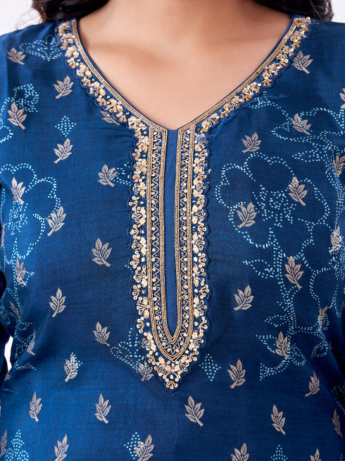 Amchoor Teal Russian jacquard Gold Print Kurti Set for Womens
