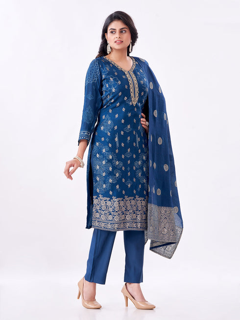 Amchoor Teal Russian jacquard Gold Print Kurti Set for Womens