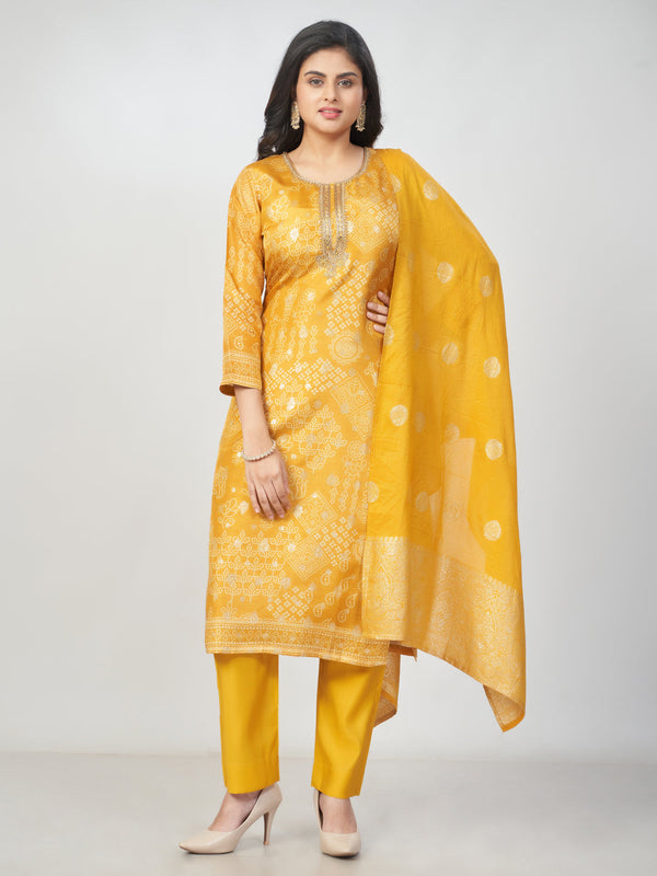 Amchoor Mustard Russian jacquard Bandhani Kurti Set for Womens