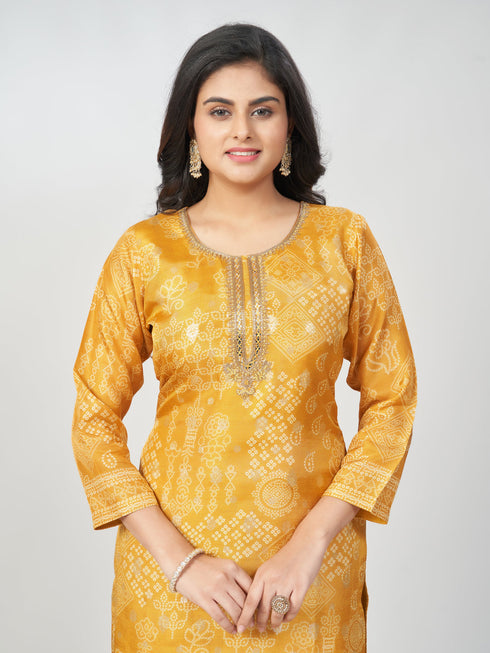 Amchoor Mustard Russian jacquard Bandhani Kurti Set for Womens