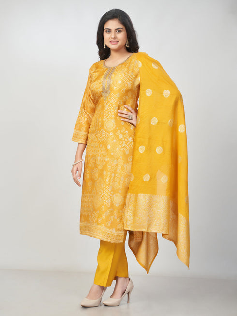 Amchoor Mustard Russian jacquard Bandhani Kurti Set for Womens