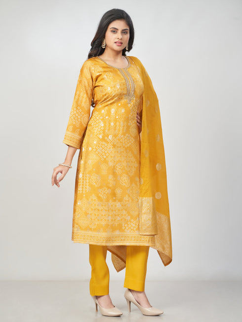 Amchoor Mustard Russian jacquard Bandhani Kurti Set for Womens