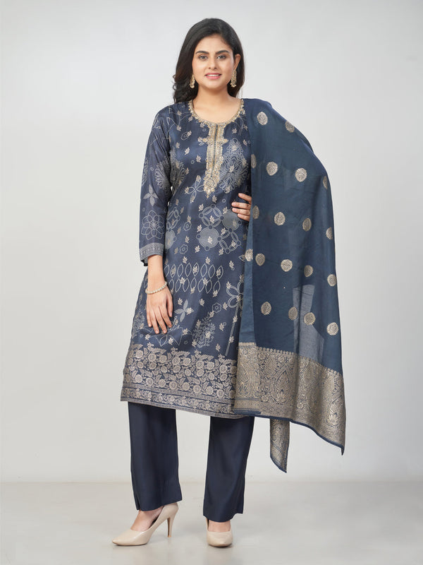 Amchoor Navy Russian jacquard Gold Print Kurti Set for Womens