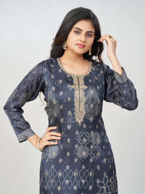 Amchoor Navy Russian jacquard Gold Print Kurti Set for Womens