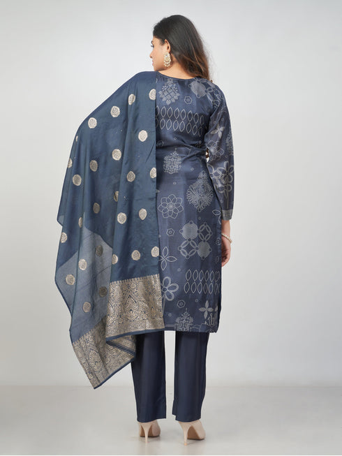 Amchoor Navy Russian jacquard Gold Print Kurti Set for Womens