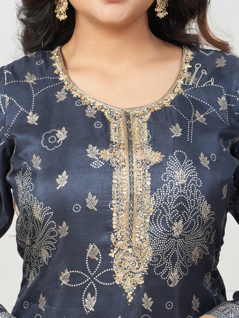 Amchoor Navy Russian jacquard Gold Print Kurti Set for Womens