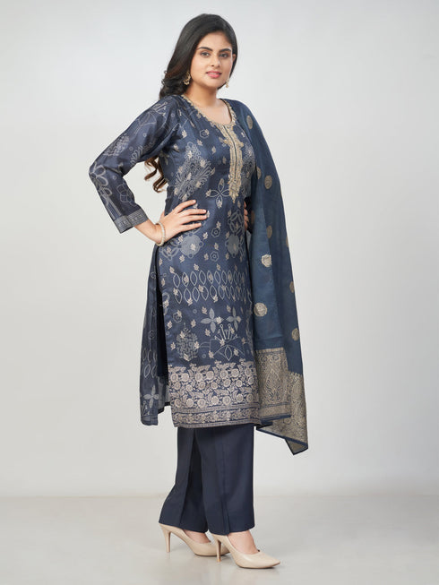 Amchoor Navy Russian jacquard Gold Print Kurti Set for Womens