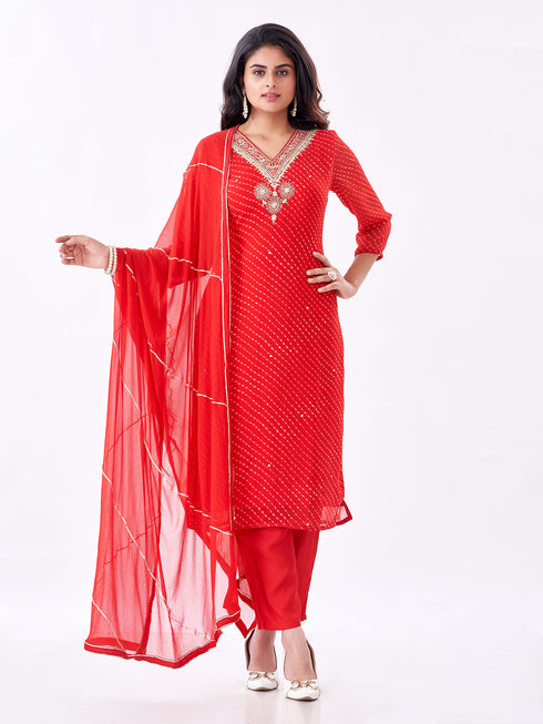 Amchoor Red Russian Silk Bandhani Kurti Set for Womens