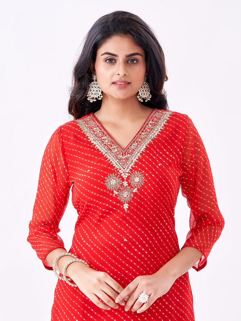Amchoor Red Russian Silk Bandhani Kurti Set for Womens