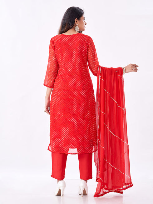 Amchoor Red Russian Silk Bandhani Kurti Set for Womens