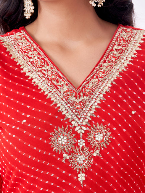Amchoor Red Russian Silk Bandhani Kurti Set for Womens