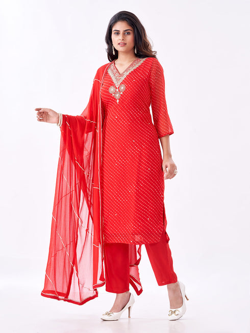 Amchoor Red Russian Silk Bandhani Kurti Set for Womens