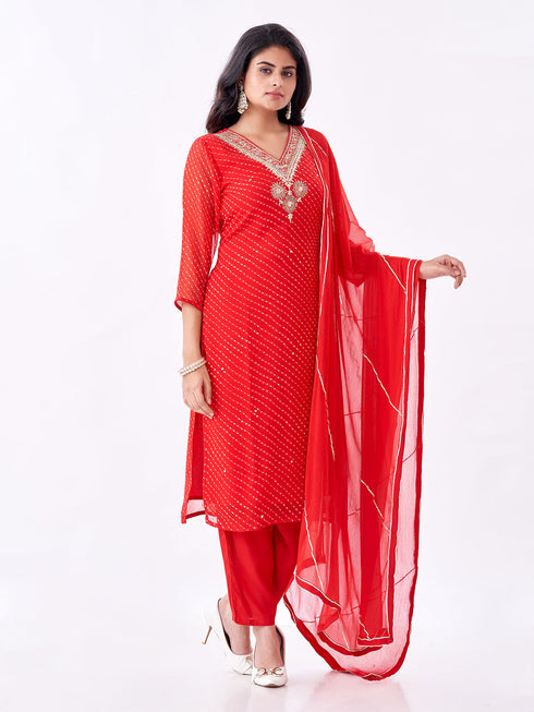 Amchoor Red Russian Silk Bandhani Kurti Set for Womens