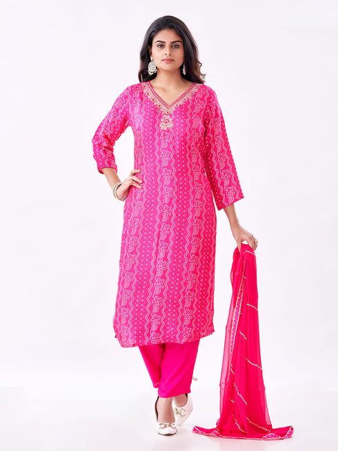 Amchoor Fuchsia Russian Silk Bandhani Kurti Set for Womens