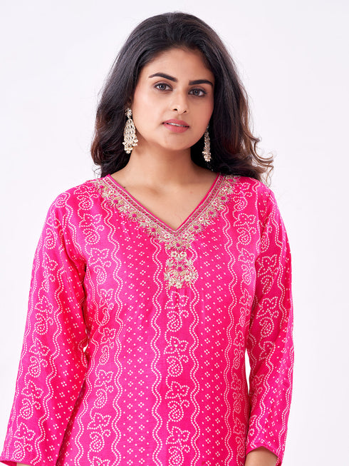 Amchoor Fuchsia Russian Silk Bandhani Kurti Set for Womens