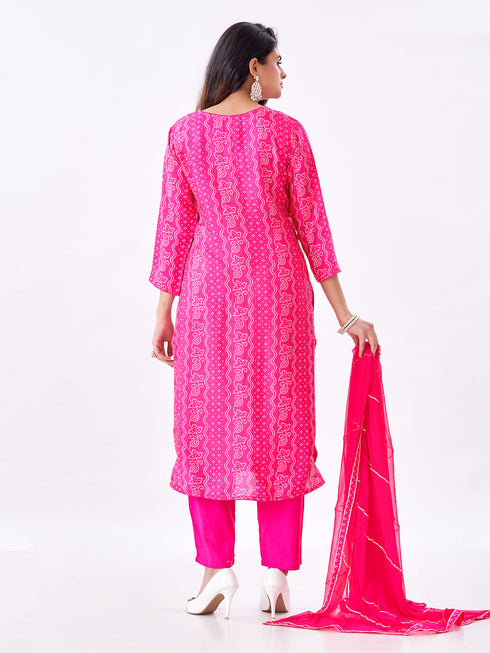 Amchoor Fuchsia Russian Silk Bandhani Kurti Set for Womens