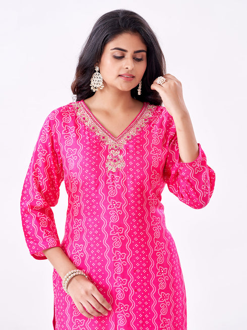 Amchoor Fuchsia Russian Silk Bandhani Kurti Set for Womens