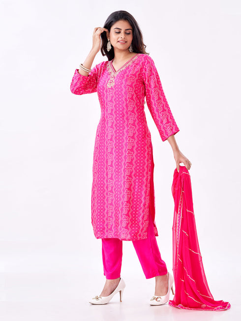 Amchoor Fuchsia Russian Silk Bandhani Kurti Set for Womens