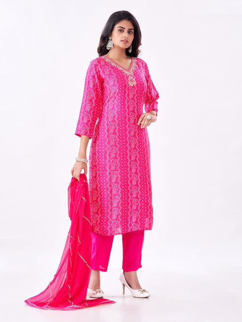 Amchoor Fuchsia Russian Silk Bandhani Kurti Set for Womens