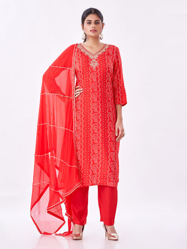 Amchoor Red Russian Silk Bandhani Kurti Set for Womens