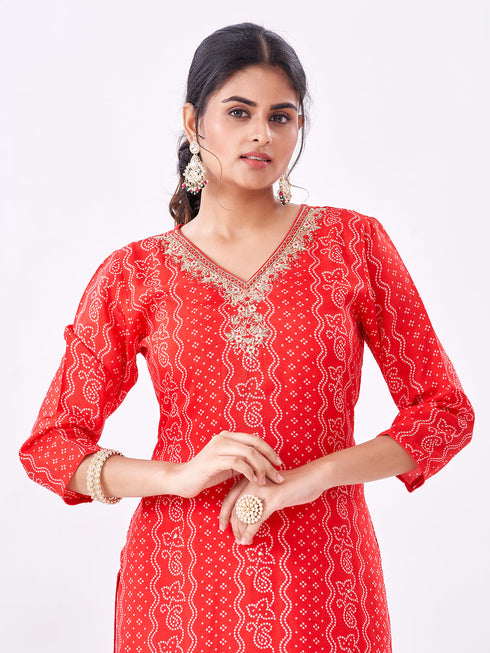 Amchoor Red Russian Silk Bandhani Kurti Set for Womens
