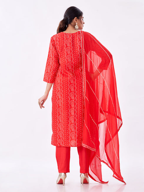 Amchoor Red Russian Silk Bandhani Kurti Set for Womens