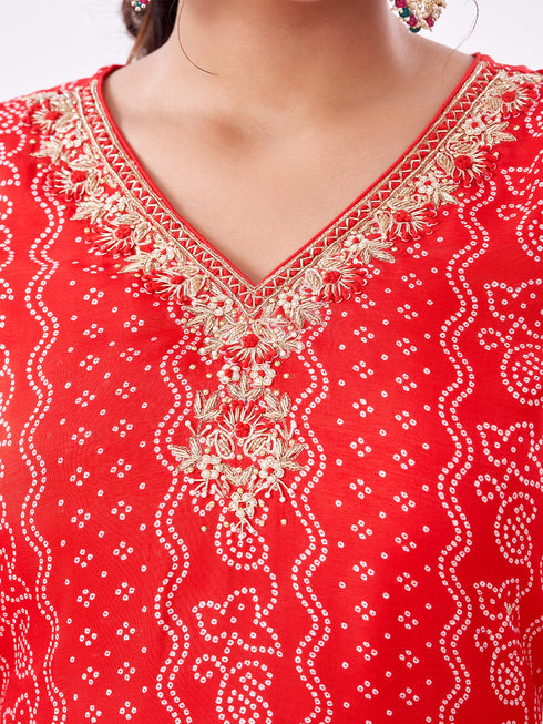 Amchoor Red Russian Silk Bandhani Kurti Set for Womens