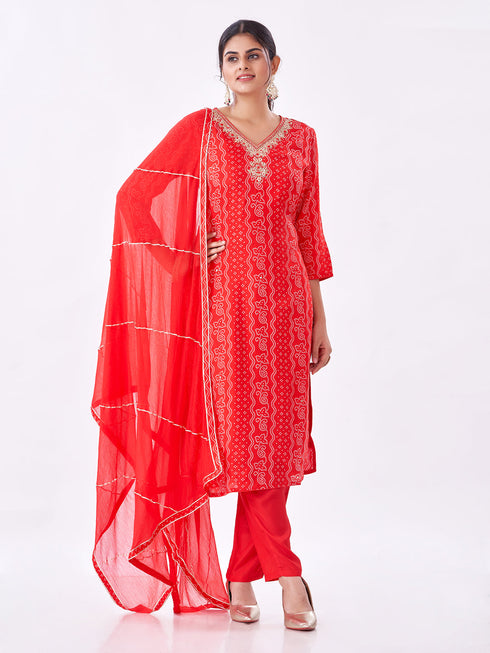 Amchoor Red Russian Silk Bandhani Kurti Set for Womens