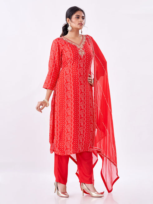 Amchoor Red Russian Silk Bandhani Kurti Set for Womens