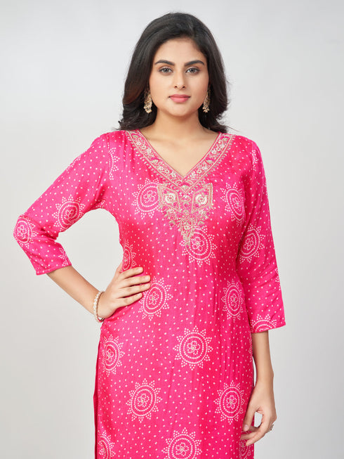 Amchoor Fuchsia Russian silk Bandhani Kurti Set for Womens