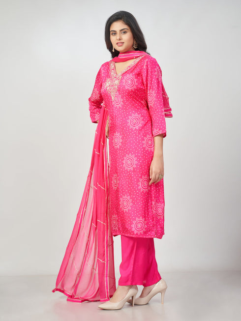 Amchoor Fuchsia Russian silk Bandhani Kurti Set for Womens