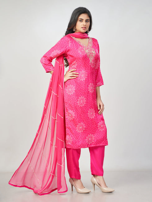 Amchoor Fuchsia Russian silk Bandhani Kurti Set for Womens