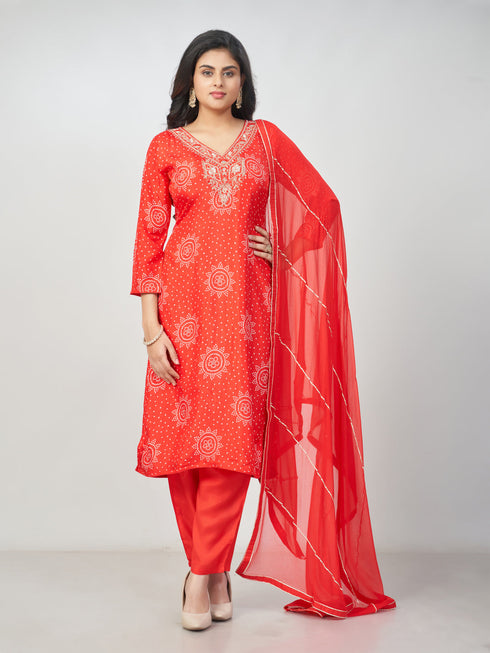 Amchoor Red Russian silk Bandhani Kurti Set for Womens