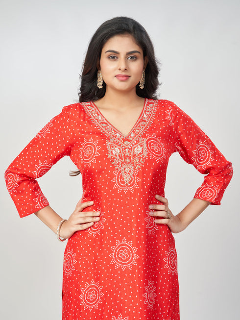 Amchoor Red Russian silk Bandhani Kurti Set for Womens