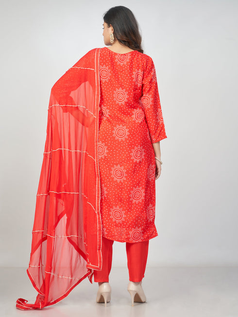 Amchoor Red Russian silk Bandhani Kurti Set for Womens