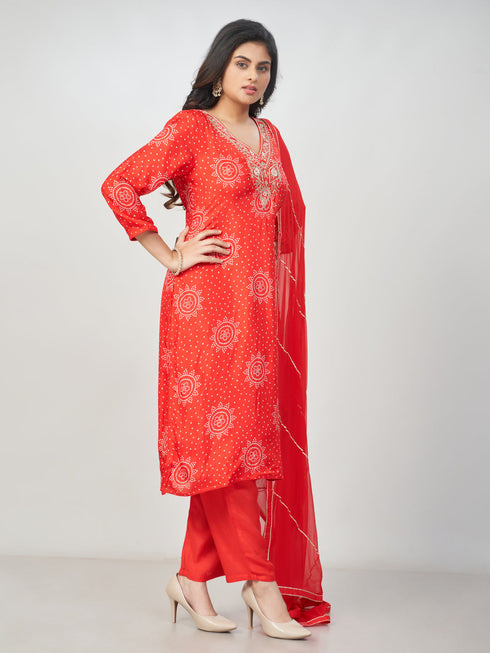Amchoor Red Russian silk Bandhani Kurti Set for Womens