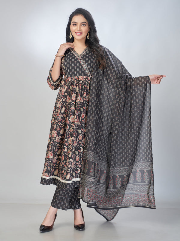 Amchoor Black Cotton Floral Kurta Sets For Womens
