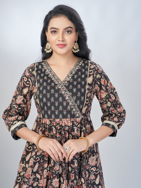 Amchoor Black Cotton Floral Kurta Sets For Womens