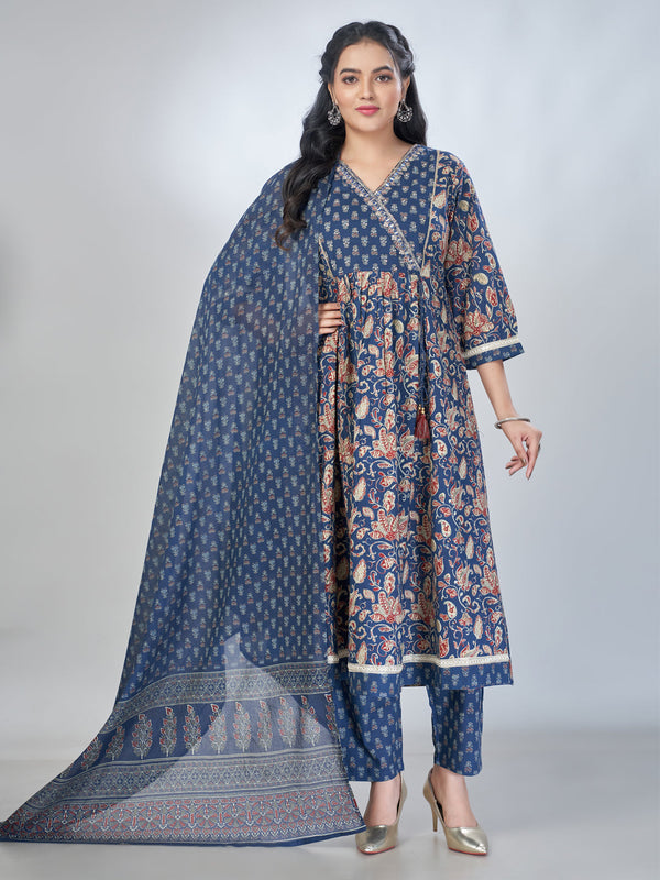 Amchoor Blue Cotton Floral Kurta Sets For Womens