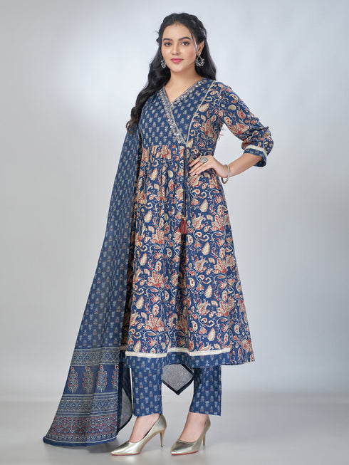 Amchoor Blue Cotton Floral Kurta Sets For Womens