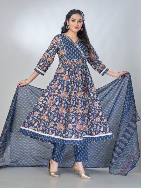 Amchoor Blue Cotton Floral Kurta Sets For Womens