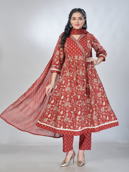 Amchoor Maroon Cotton Floral Kurta Sets For Womens