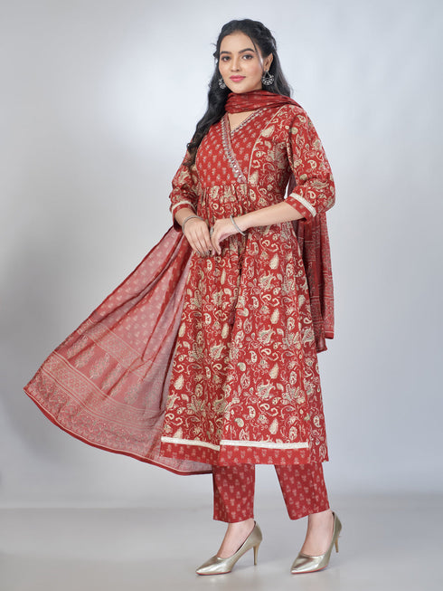 Amchoor Maroon Cotton Floral Kurta Sets For Womens